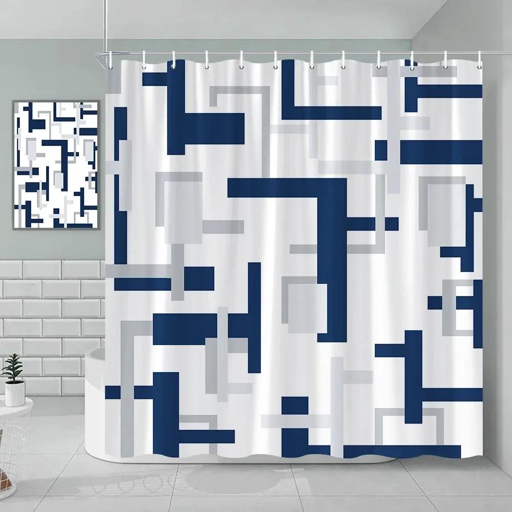 Fabric Geometric Shower Curtain, Mid-Century Modern Geometric Herringbone Chevron Blue Black Gray Square Bathroom Decoration
