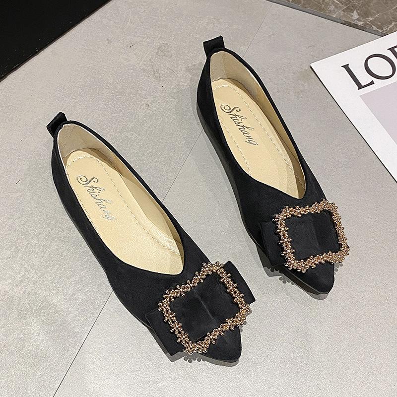 

Женская обувь большого размера весна новая остроносая обувь на плоской подошве стразы квадратная пряжка неглубокий вырез одинарная обувь обувь на мягкой подошве 43 чёрный