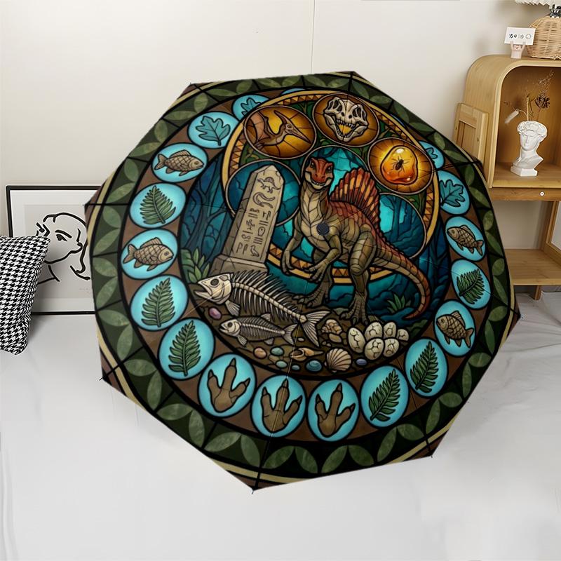 Prehistoric Glass pattern umbrella, portable and foldable design, 8 ribs, a casual accessory for Halloween, Christmas, and birthday gifts.