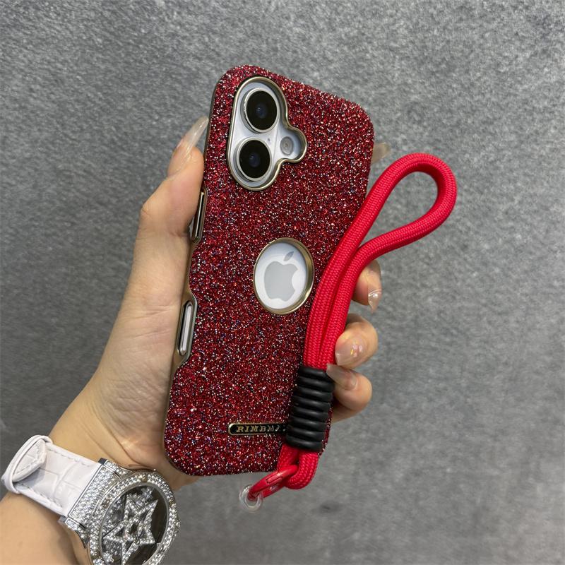 Luxury Glitter Diamond Rhinestone Case For iPhone 12 13 14 15 16 Pro Max Plus Bling Sparkling Shockproof Wrist Strap Cord Cover