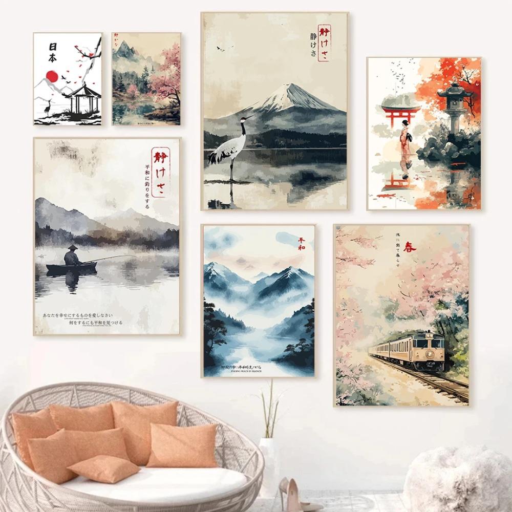 Japanese Vintage Posters Crane Mount Fuji Prints Lake Fishing Lotus Flower Canvas Painting Wall Pictures Home Living Room Decor