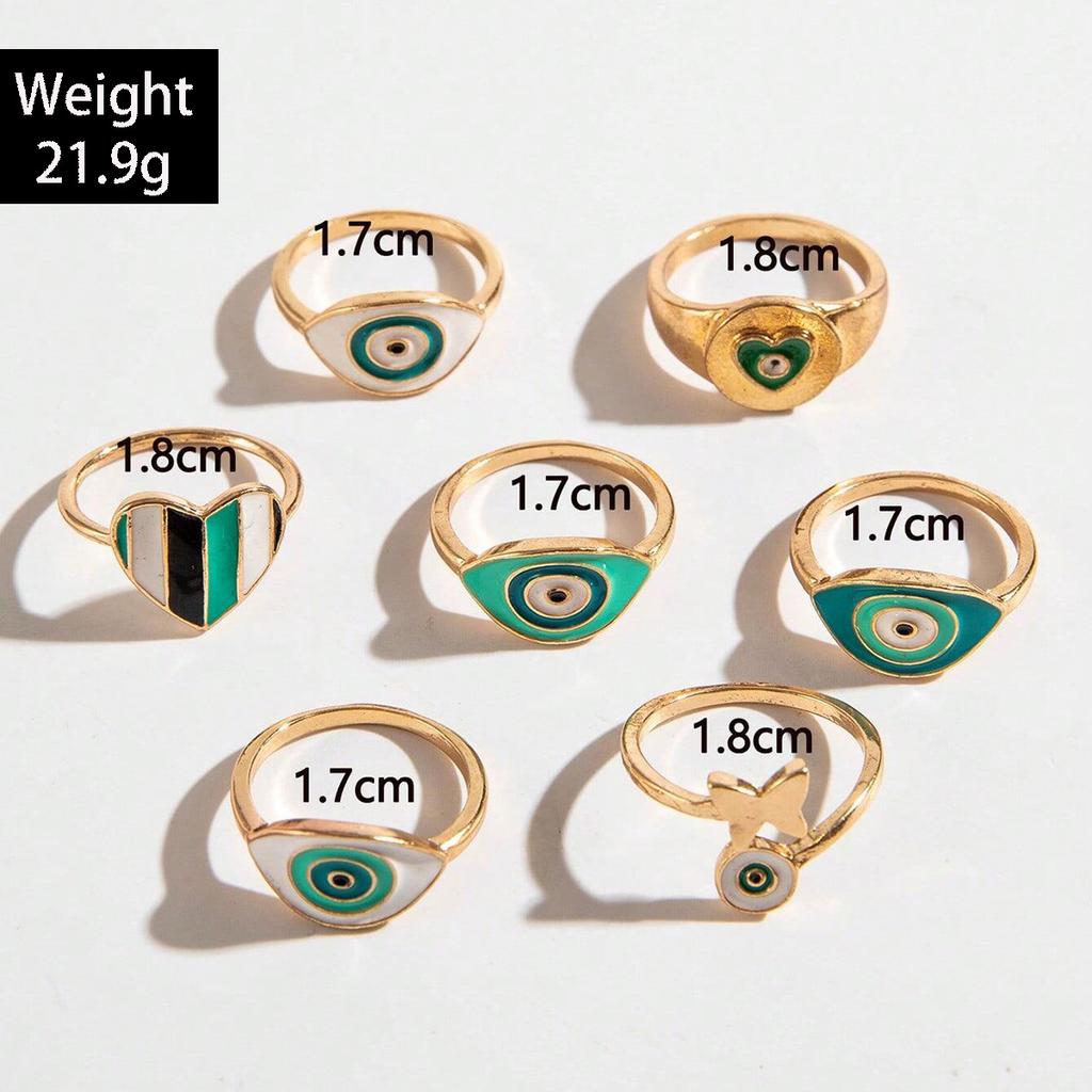 Fashion Dripping Eyes Love Ring Set Creative Geometric Round Butterfly Joint Ring Seven-Piece Set