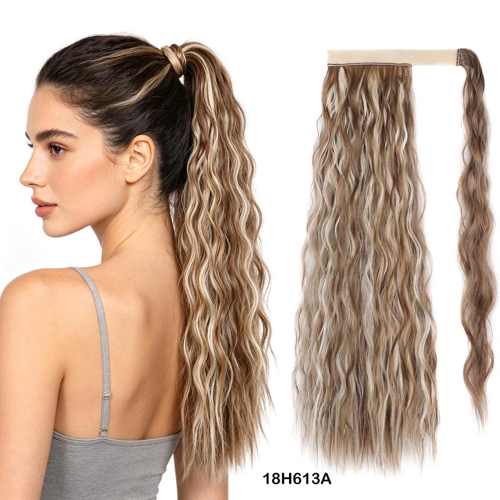 Ponytails Magic Tape Corn Wave Curly Ponytail Extension 22Inch 55cm Long Synthetic Hairpiece for Women