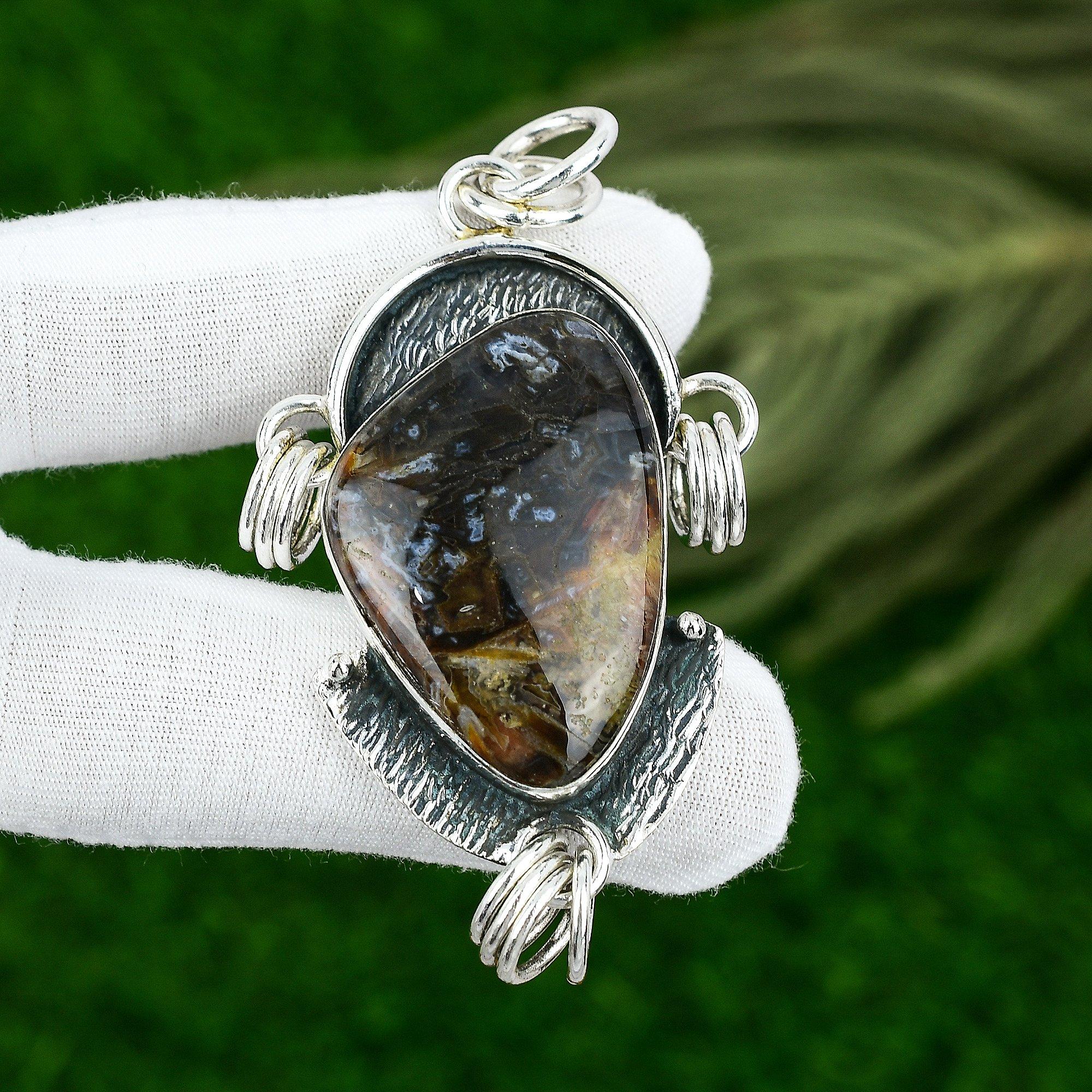 925 Silver Trillion Stick Agate Stone Bezel Sister Boho Art Deco Wedding Pendant