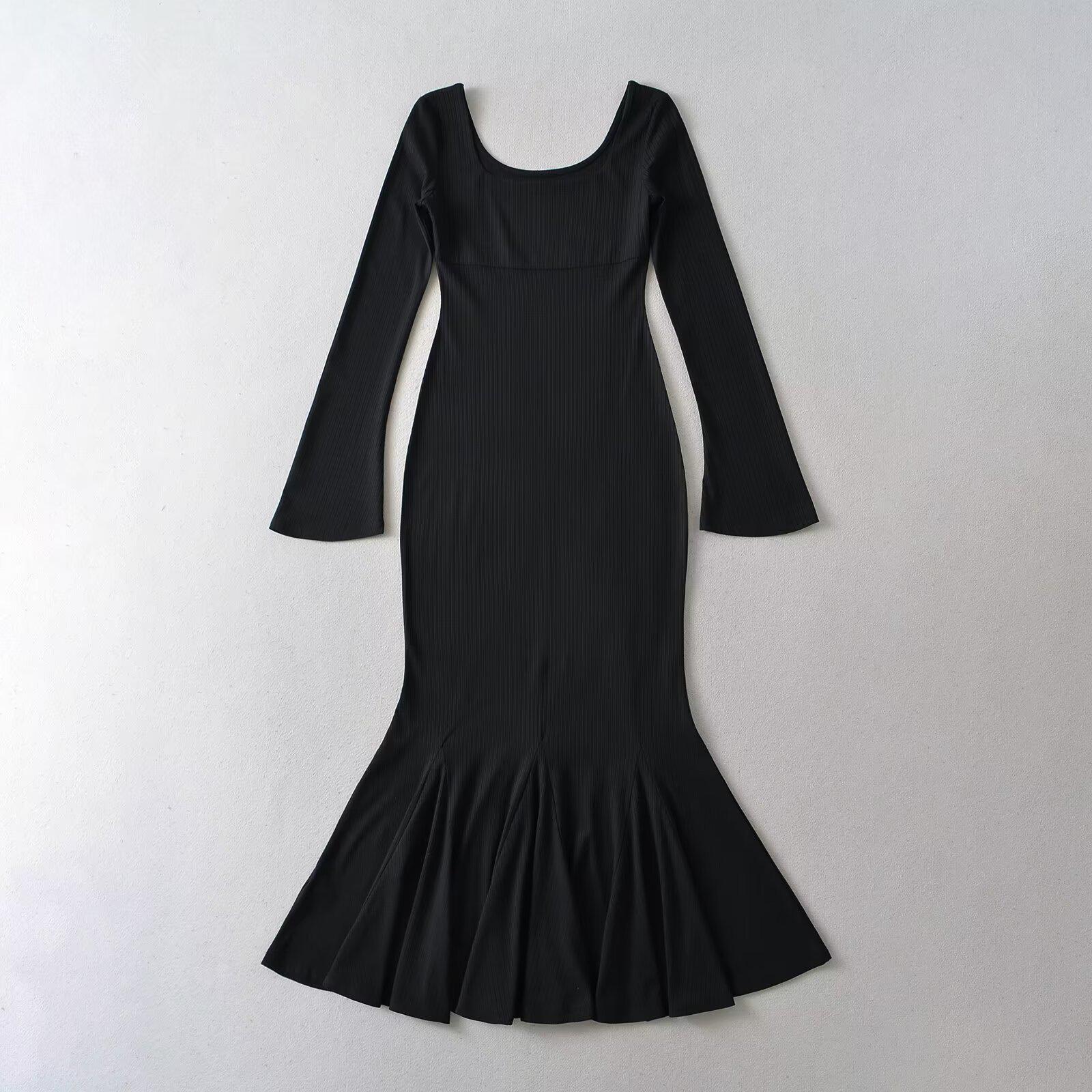 

Женское облегающее платье с квадратным вырезом, рукавами-колокольчиками и юбкой «рыбий хвост», осень/зима 2024 Medium чёрный