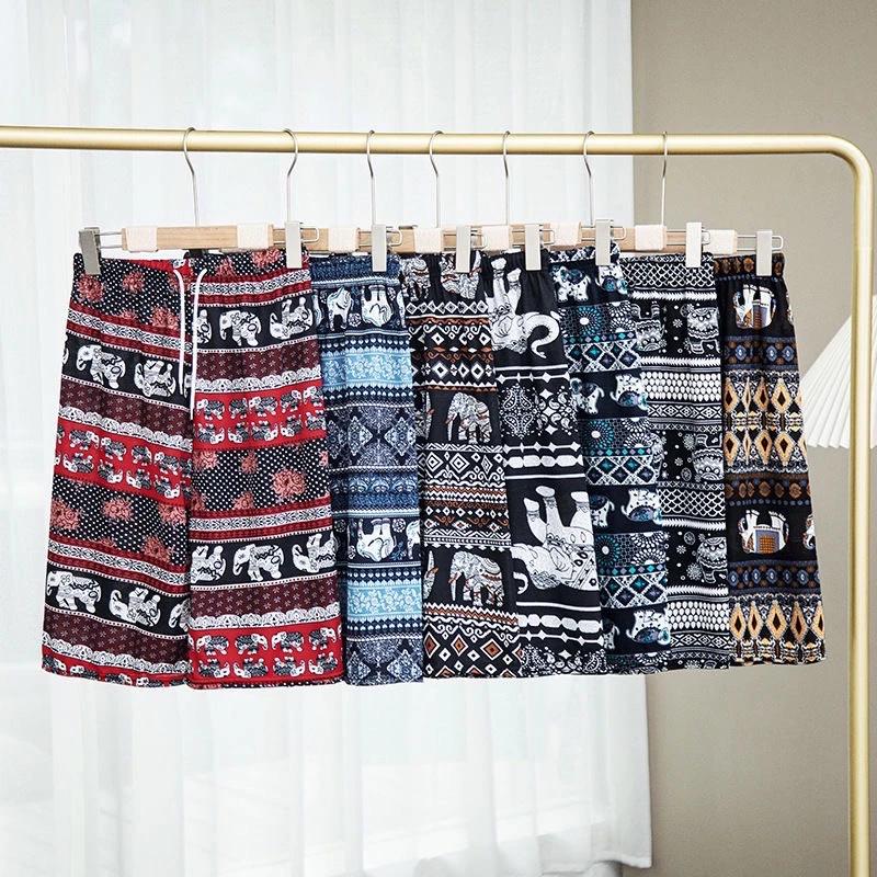 Elephant Pants Shorts Casual Adjustable Elastic High Waistband Strap Rope Women Men Unisex Print Thailand Streetwear Beach Bohemian Retro Vintage