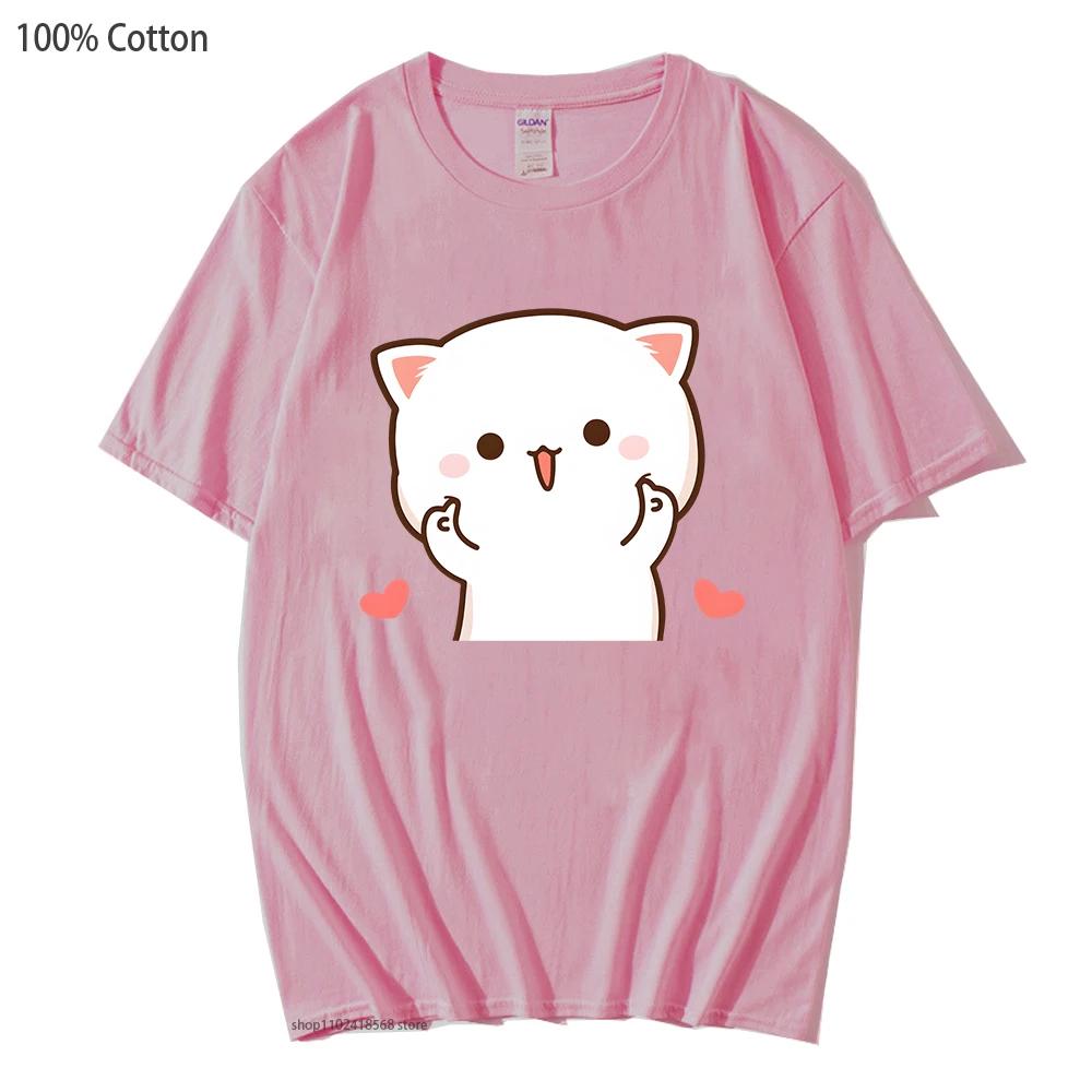 Cute Peach and Goma Mochi Cat Tshirt Women Cartoon Print Shirts Female Girls Kawaii Clothes Funny Tees Cotton Tops