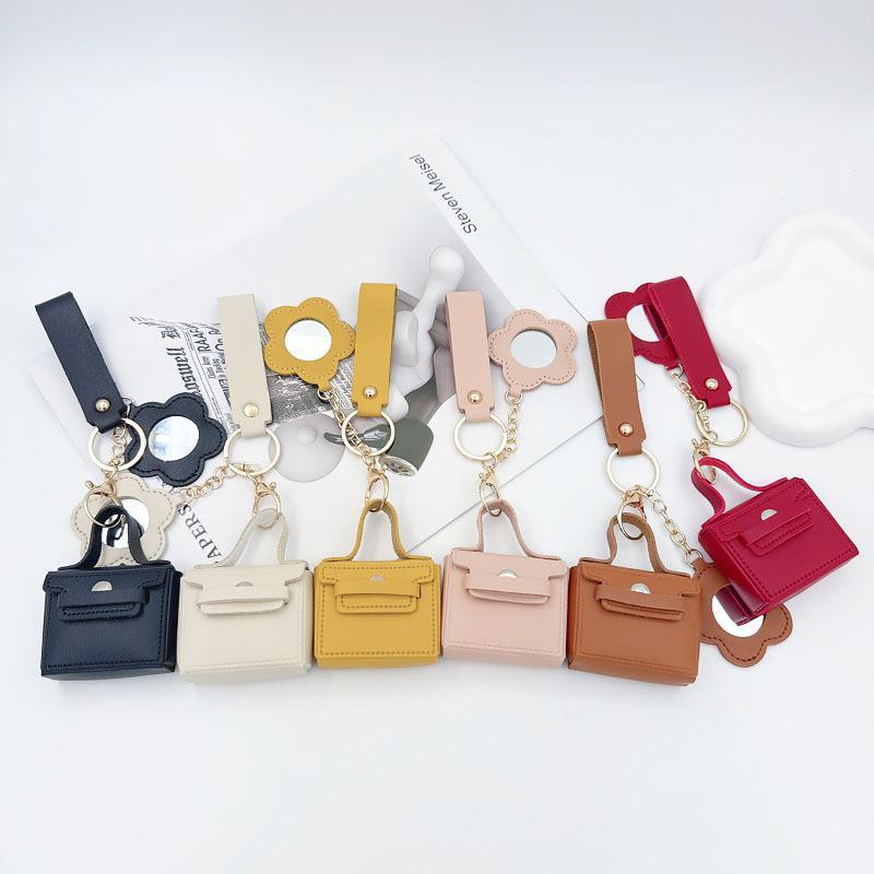 Mini PU Leather Keychain Bag with Flower Mirror Wrist Strap Trendy Bag Charm Perfect Christmas Gift for Female Friends
