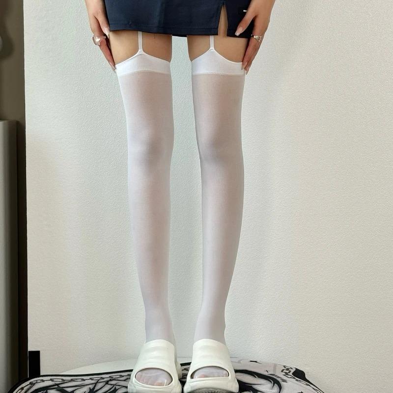 Women's Sexy Suspender Thigh High Stockings Velvet Thin Black and White Irregular Exposed Skin JK Japanese Over-the-knee Socks
