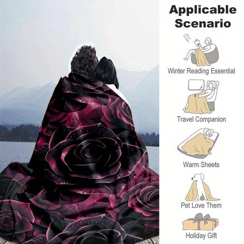 1pc Rose Printing Lightweight Flannel Blanket, Comfortable and Warm Blanket, for Camping Sofa Bed and Couch Office, Suitable for Gift Blanket