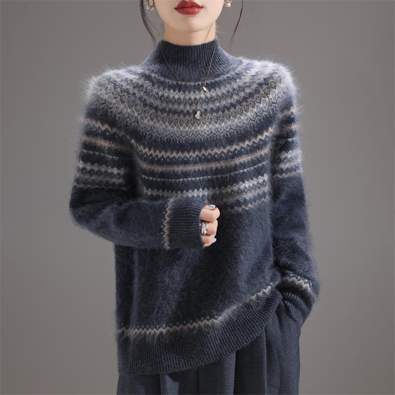 Autumn And Winter New Fair Island Wool Sweater Women'S Retro Jacquard Knitted Sweater Loose Thick Sweater Wearing Women'S Top