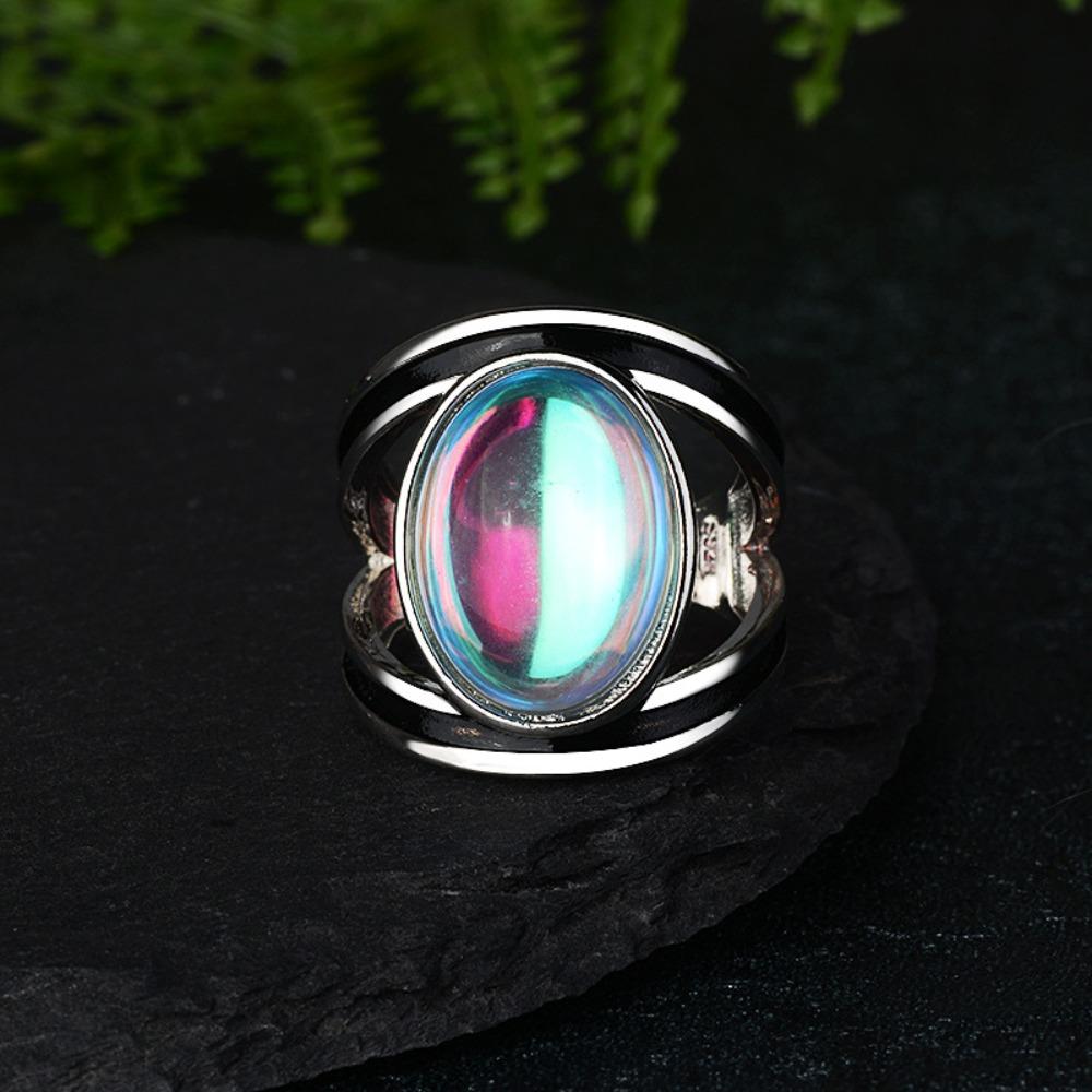 

Vintage Rainbow Moonstone Ring for Women Exaggerated Imitation Thai Silver Drip Glue Retro Statement Ring no. 6