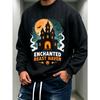 Men's Graphic Print Crew Neck Sweatshirt, Halloween Pattern, Enchanted Beast Haven Haunted House Moon Design, Casual Outdoor Apparel