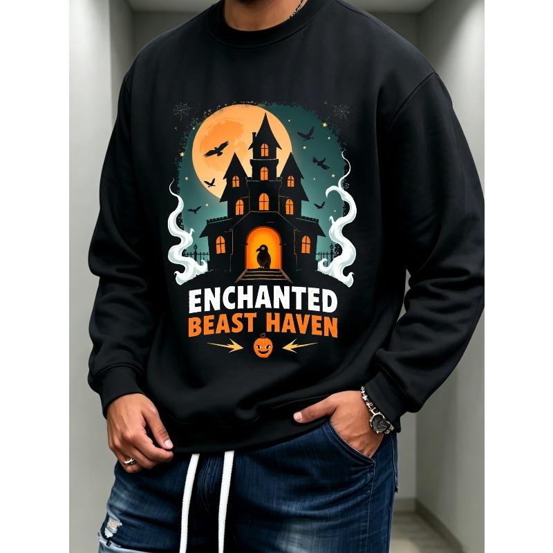 Men's Graphic Print Crew Neck Sweatshirt, Halloween Pattern, Enchanted Beast Haven Haunted House Moon Design, Casual Outdoor Apparel