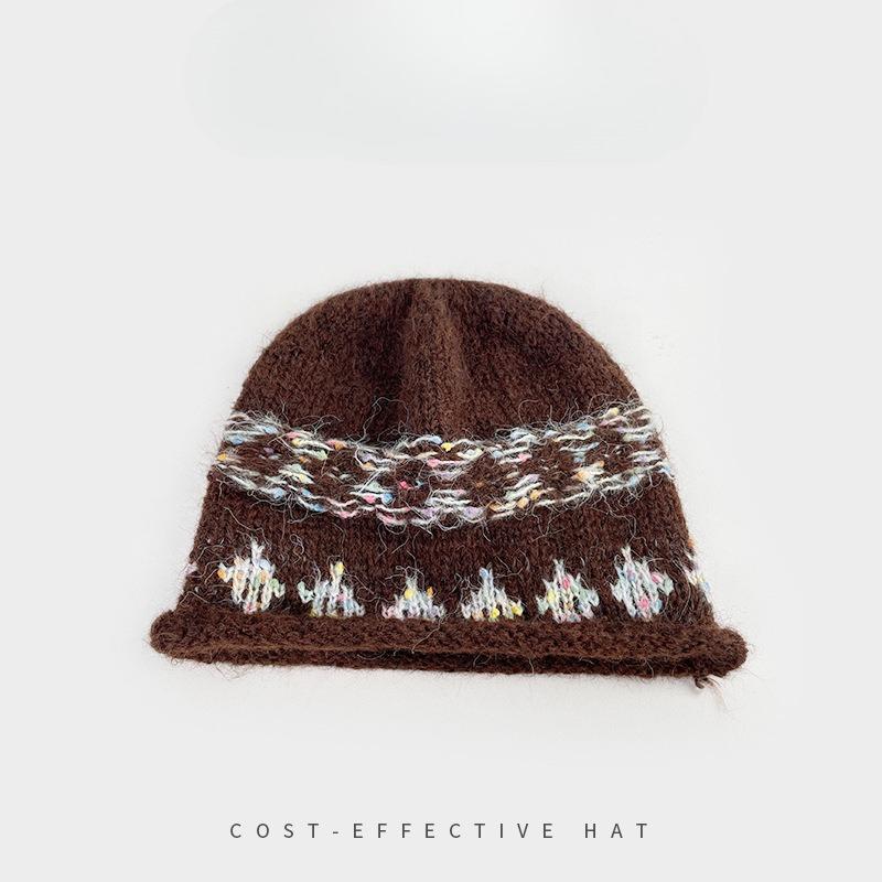 

Korean Retro Fair Isle Jacquard Knitted Hat for Women Winter Warm Ear Protection Headband Cold Hat Showing Face Small Woolen Hat one size