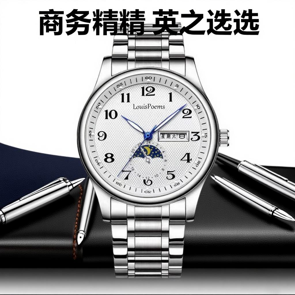 Men's Luminous Moon Phase Steel Watch - High-End Automatic Business Wristwatch