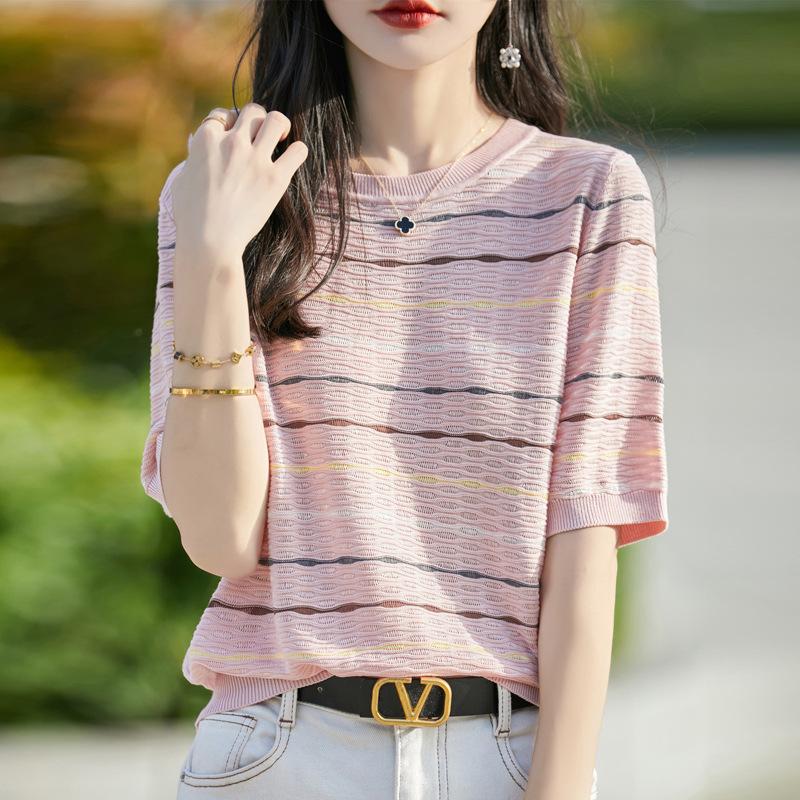A New Plus-size Women's Summer Thin Striped Knitted Short-sleeved T-shirt