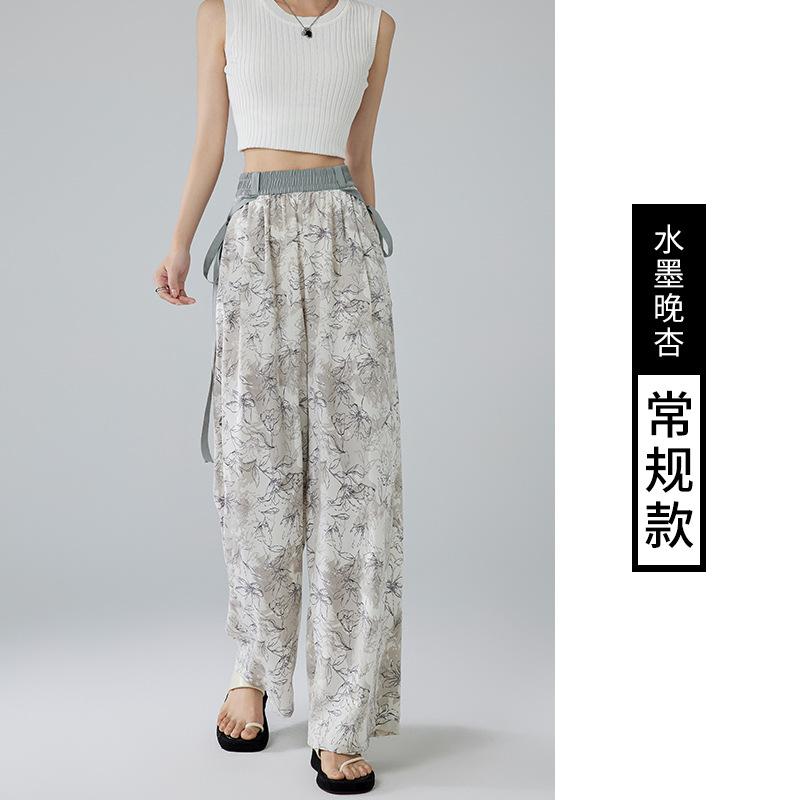 

Брюки палаццо из ледяного шелка с рисунком тушью, детские летние тонкие брюки с эффектом тай-дай, с высокой посадкой, повседневные свободные брюки XL