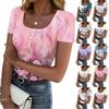 Women's Summer Fashion Tops Short Sleeve Square Neck Button Fashion Casual Floral Ribbed Knit Shirt