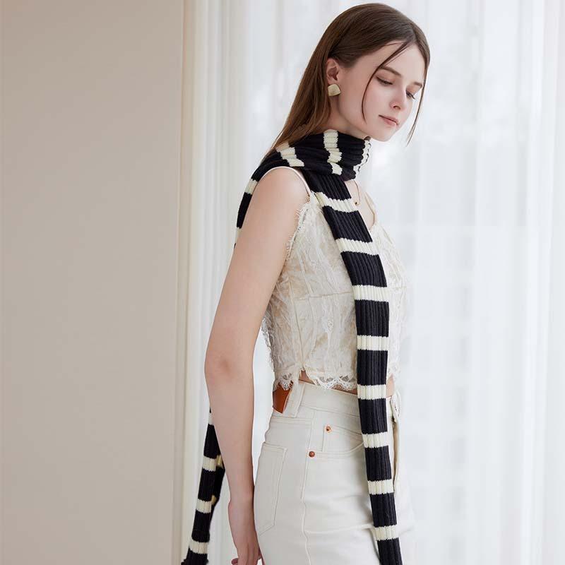 Winter New High-end Scarf Women's Winter Ruffle Edge Striped Knitted Scarf Retro Literary Neck