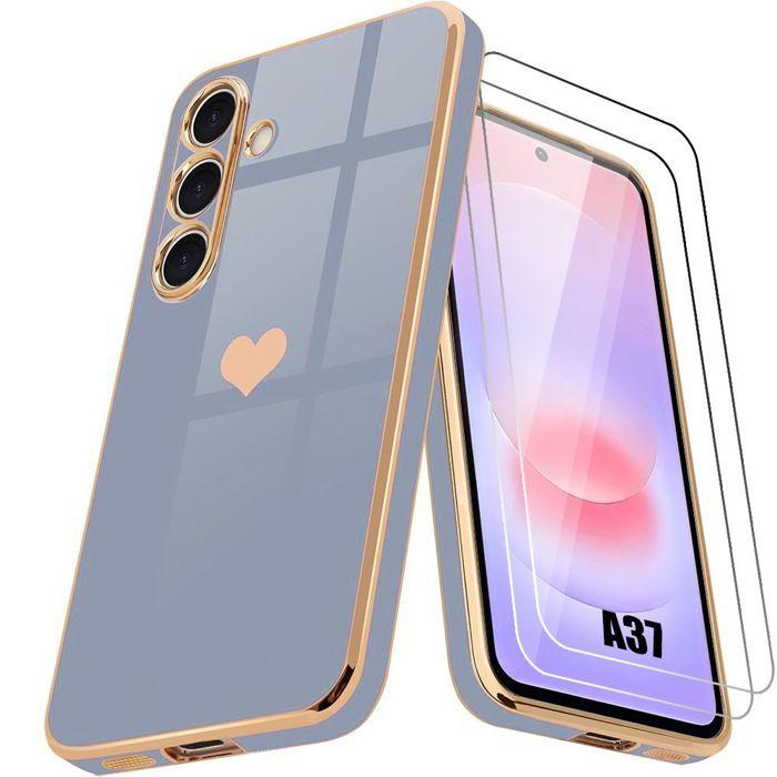 Coque pour Samsung Galaxy A37 5G, Silicone Motif Cœur Souple Anti-Rayures Bleu - 2 Verres Trempés