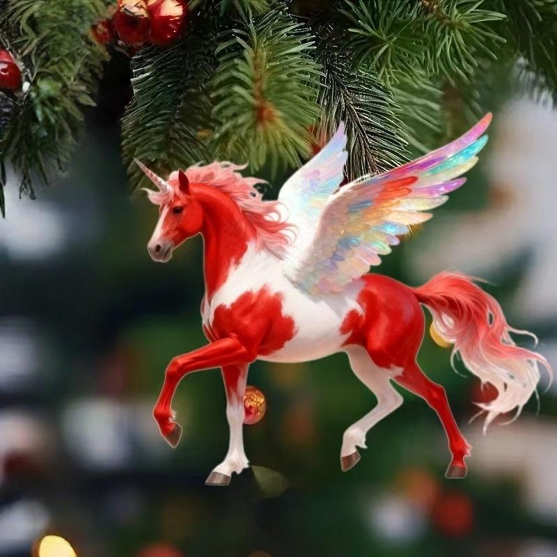 2D Acrylic Horse Charm Car Rearview Mirror Pendant Christmas Tree Hanging Home Decoration New Year Party Ornament Gift