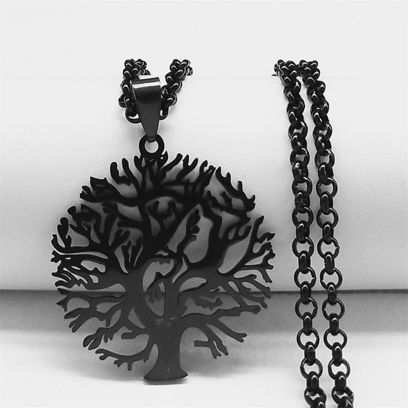 Tree of Life Stainless Steel Long Necklace for Men Black Color Necklaces & Pendants Jewelry cadenas para hombre N834S03