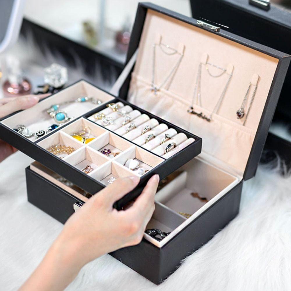 Large Capacity Pu Leather Jewelry Box Double Layer Jewelry Storage Box Jewelry Organizer  Travel