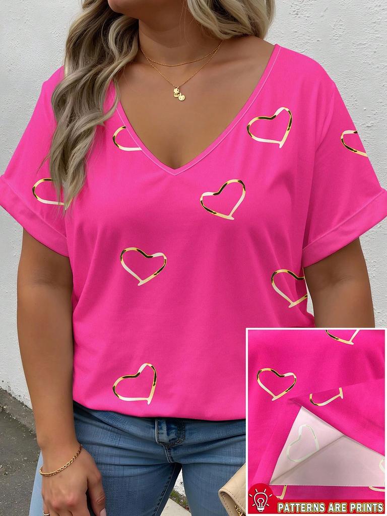 Plus Size Heart Design Pattern Printed T-shirts Summer Fashionable High Quality Short Sleeved Casual Sports V-Neck Pullover Tops