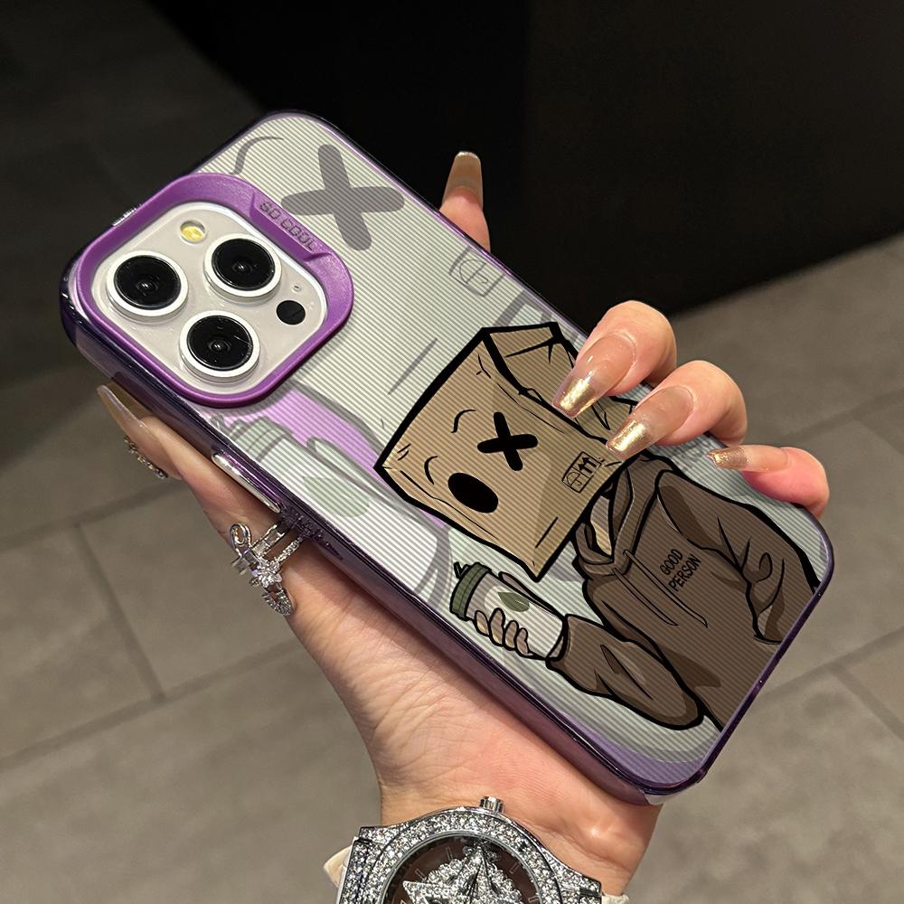 Cartoon Box Man Phone Case for iPhone 17 Air 16 16e 15 14 Plus 13 12 11 Pro Max X Xs XR 8 Colorful Silver Hard Cover