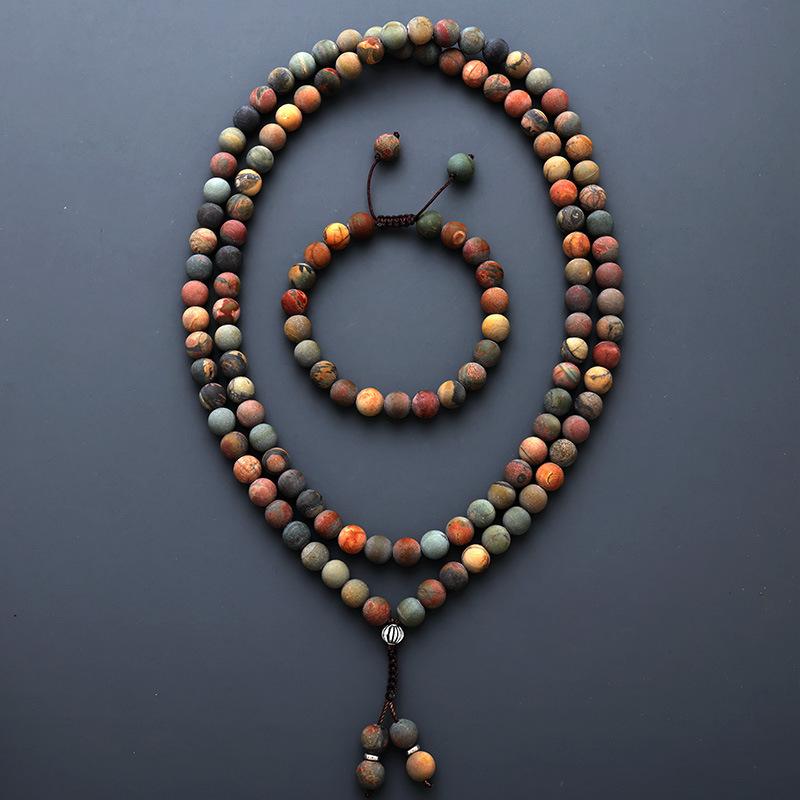 Retro Etnische Stijl Tijgeroog Steen Turkoois Kralen Ketting 108 Boeddha Kralen Rozenkrans Kralen Met Kwastjes Lange Ketting Mannen En Vrouwen