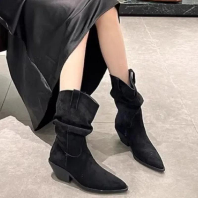 Zamszowe Damskie Kozaki do Połowy Łydki Jednokolorowe na Średnim Obcasie Modne Zimowe Nowe Damskie Szpiczaste Palce Uniwersalne Plisowane Kozaki Modowe