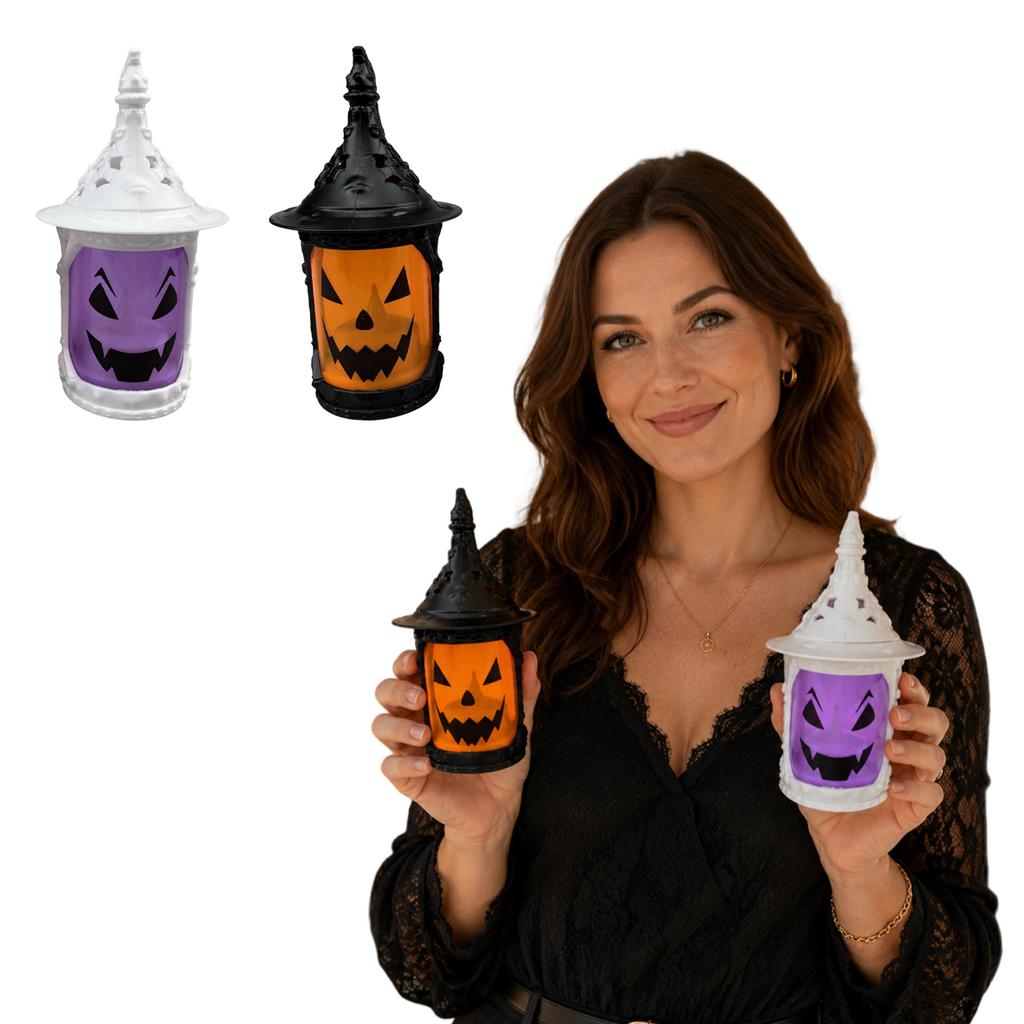 LED Lighted Handheld Lantern Halloween Pumpkin Candle Prop Decorative Lamp for Indoor Outdoor Use with Witch Hat Design