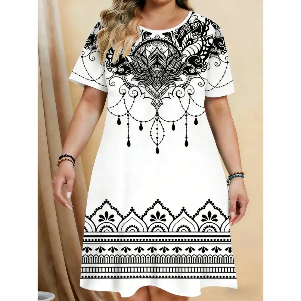 Elegant Floral Pattern Women Mini Dresses Summer Short Sleeve Printed Plus Size Casual Comfortable Soft Dress