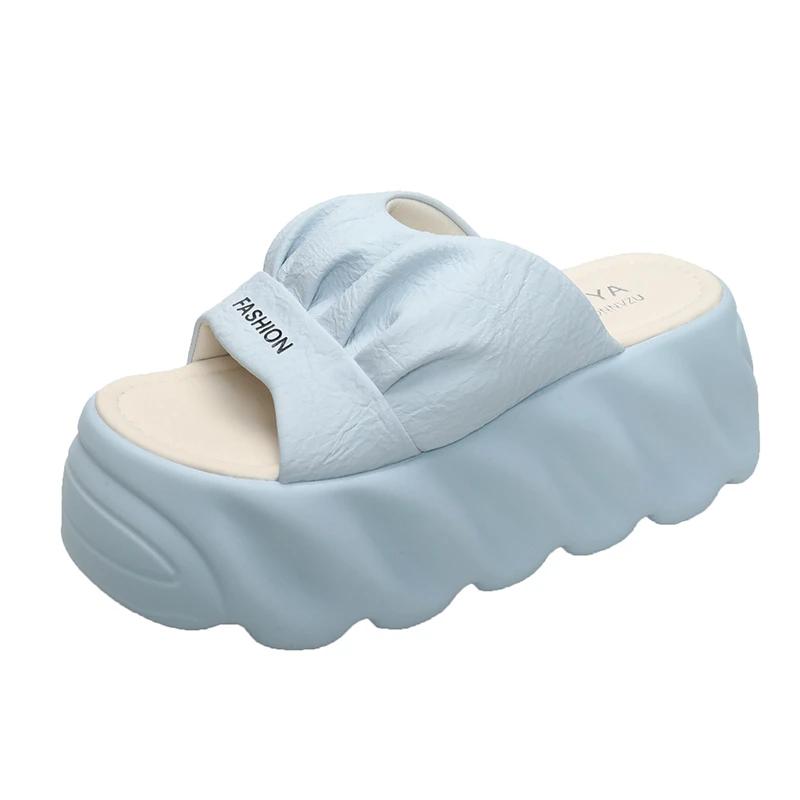 Fashion 8.5CM New Platform Slippers Women Summer Outdoor High Heels Leather Chunky Sandals Casual Peep Toe Flip-flops Beach Wedge Shoes