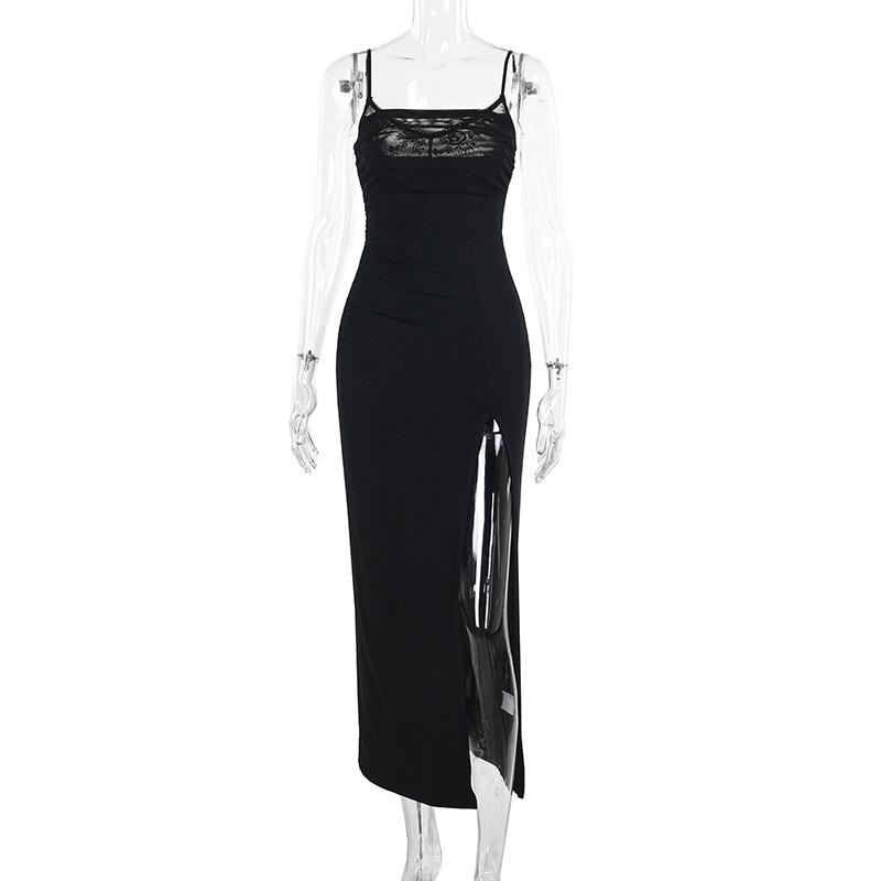 Høst Dame Temperament Sexy Slim Blonder Mesh Halter Splittkjole