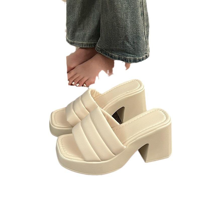 Waterproof Table Thick-soled Cool Slippers, Women's Ins Trendy Outer Wear One-word Slippers, New Thick-heeled High-heeled Shoes In Summer