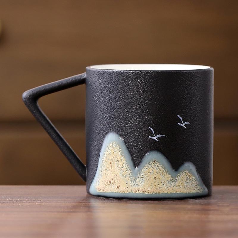 Hand-Painted Distant Mountains Ceramic Tea Tasting Cup Set - Large, Medium, Small with Handle and Gift Box