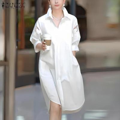 Women Casual Lace Crochet Splice 3/4 Sleeve Loose Shirt Dress