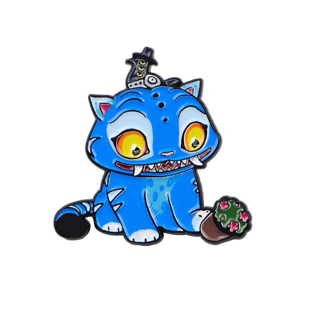 Happy Blue Cat Tiger Enamel Pin Mystic Hunter Girls Group Brooches Lapel Badges Fantasy Animals Jewelry Gift for Fans Friends