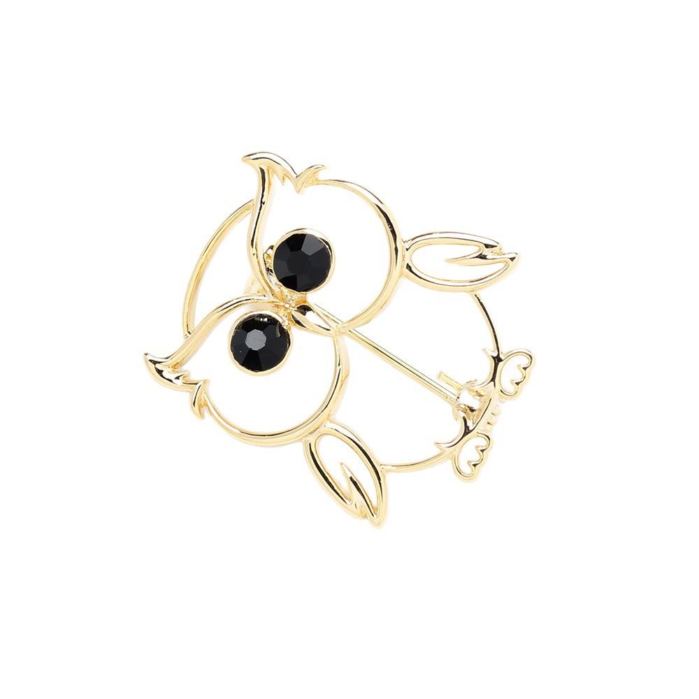 Gold Line Hollow Inlaid Black Crystal Owl Brooch Simple Versatile Animal Pin Same for Men and Women