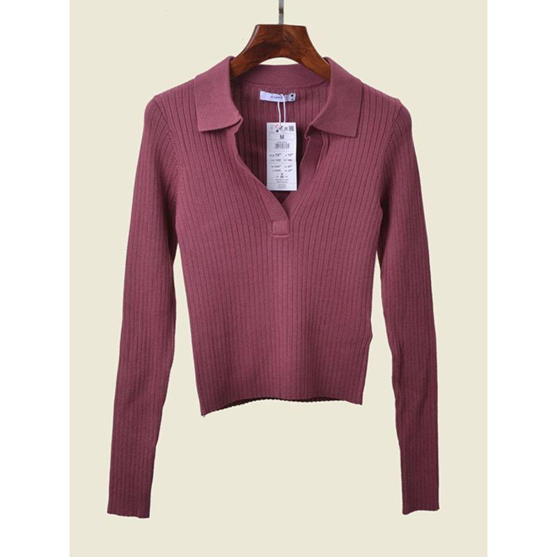 Polo Collar Long Sleeves Knitwear Fashion Style V-neck Casual Fall Base Tops Foreign Trade Original Order Pullover Women's Clothing