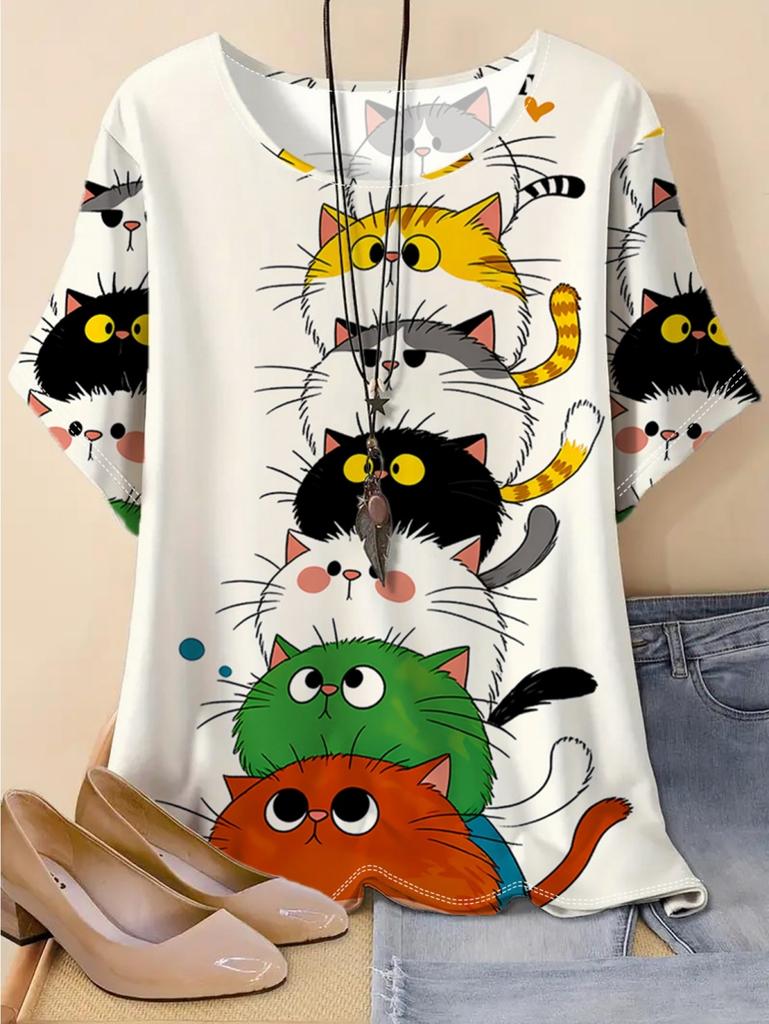 Vintage Women's Summer T-Shirt Anime Cat Graphics O-Neck Short Sleeve T-Shirts Female Streetwear Casual Oversized Woman Clothes