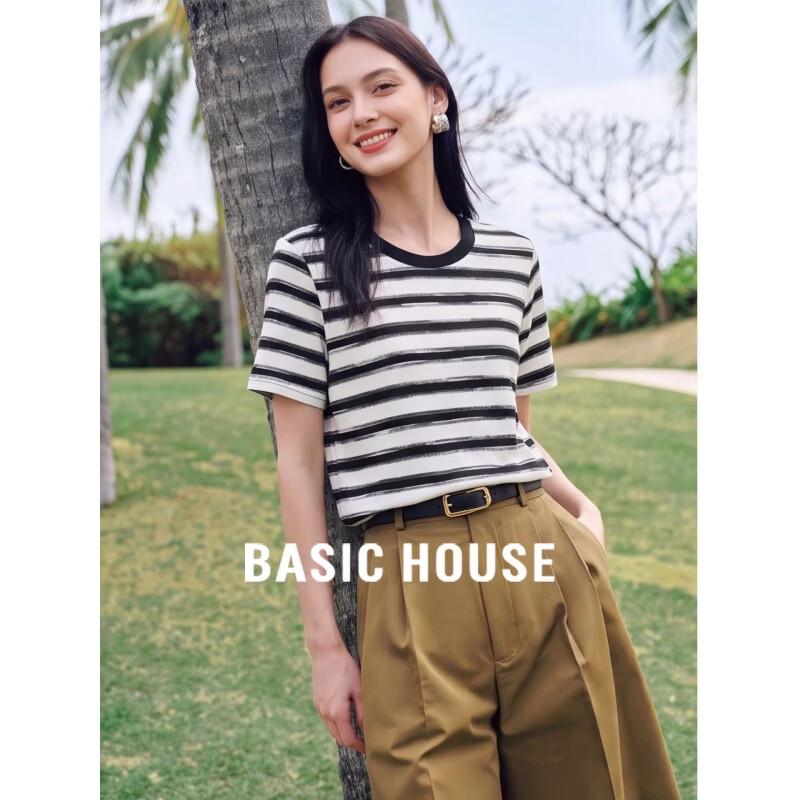 Basic House Women s Striped Round Neck Short Sleeve T-Shirt M