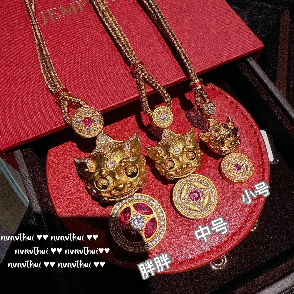 Ancient Gold, Chiseled Pixiu Ancient Coin Gemstone Necklace, New Chinese Style, Gilt Pixiu Red Corundum Zircon Necklace