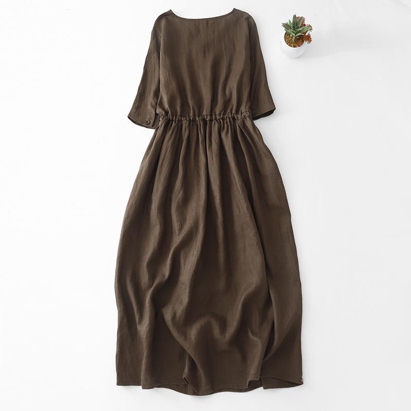 Vintage Solid Long Dress for Women V-neck Short Sleeve Elastic Tie Waist Dress Summer Casual Fashion Button Down Ruched Dress Breathable Work Dress