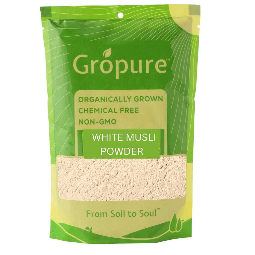 GroPure Organic: From Soil to Soul - White Musli (Safed Musli) Roots Powder - 200g I Enjoy the taste of Pure Products I Divya Aushadh I Quality S