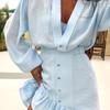 Casual Shirt Mini Dress Women Loose V-neck Buttons Dresses Lady Full Sleeve Spring Summer Above Knee Solid Robe Woman Streetwear