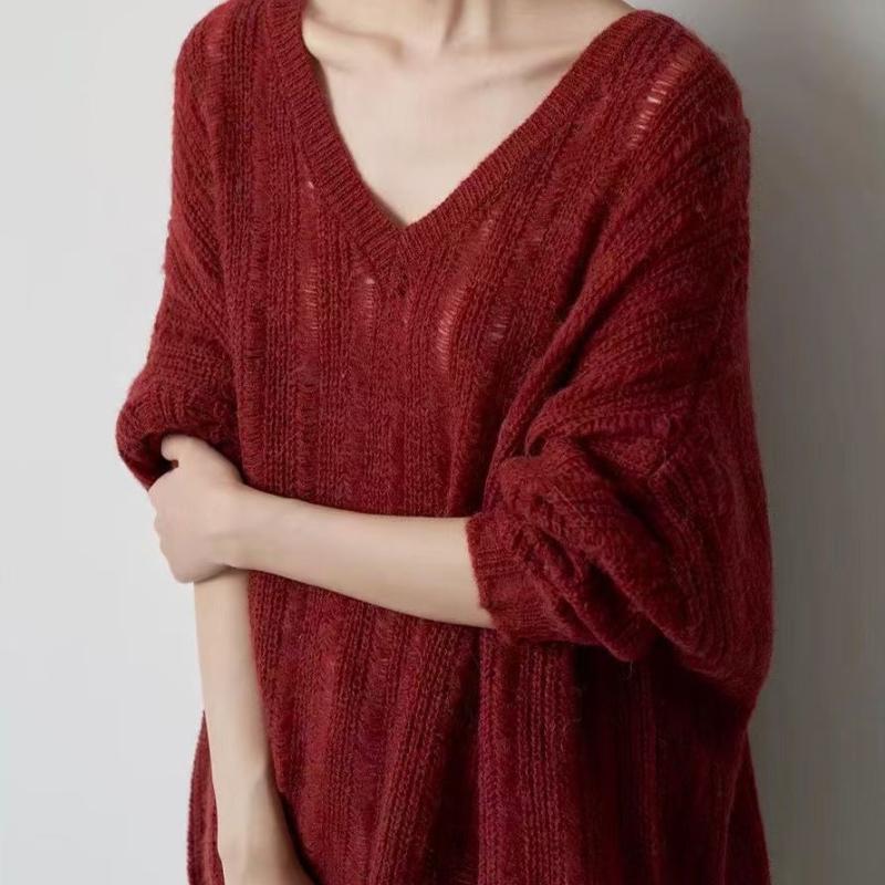 Spring and Autumn Lazy Style Knitted Sweater Women's Loose Outer Wear Hollow Out V-neck Casual Slim Base Layer Thin