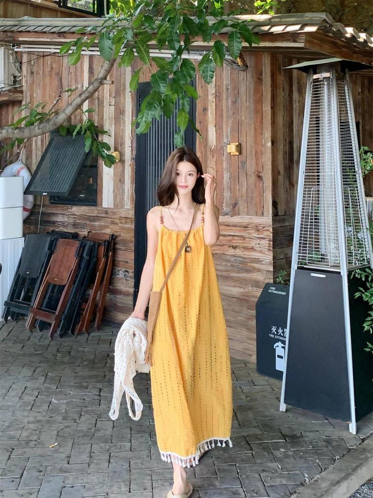 Bohemian Korean-Style Tassel Camisole Dress & Layered Lace Cover-Up Set for Women (Summer)